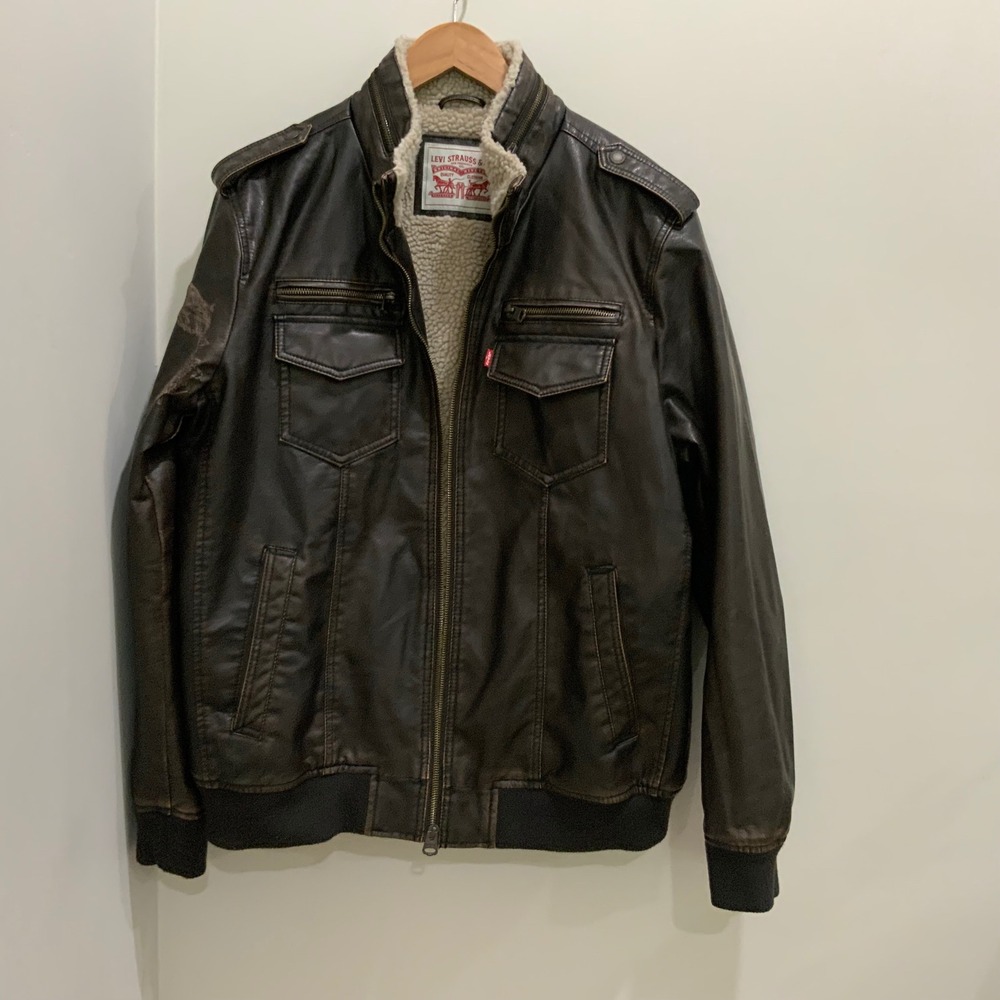 Levi Strauss Mens XL Faux Leather Sherpa Lined Bomber Jacket Brown RN54163